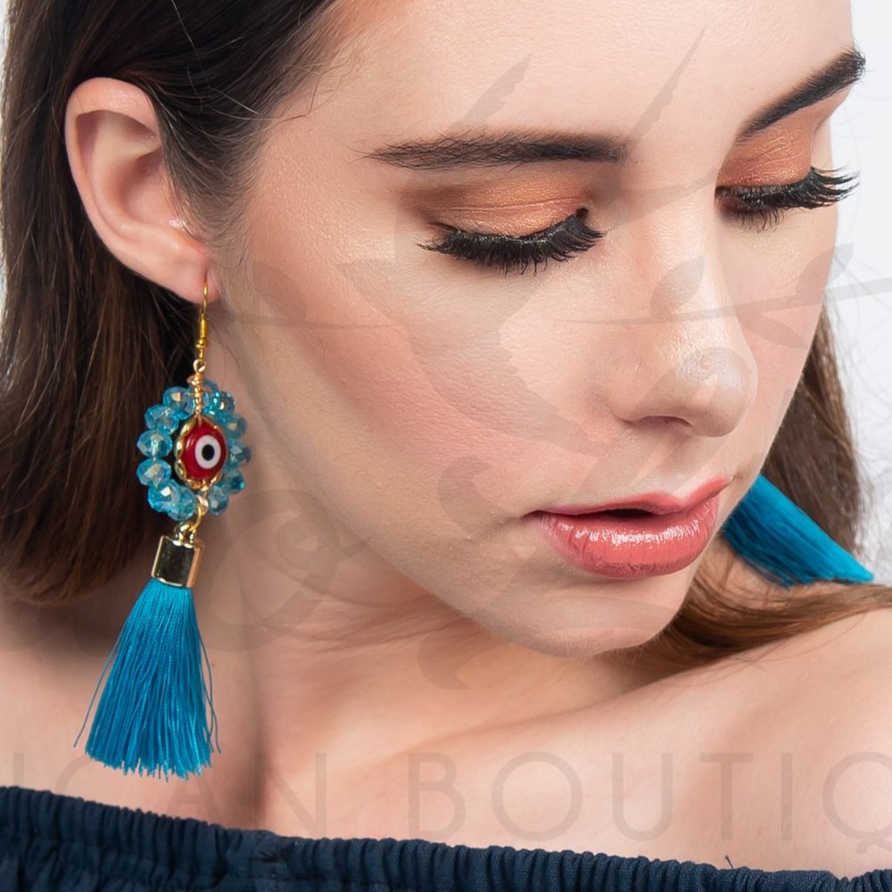 Turquoise Handmade Evil Eye Earring Crystal Tassel